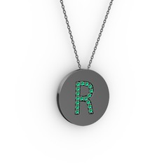 R Baş Harf Kolye - Yeşil kuvars 925 ayar siyah rodyum kaplama gümüş kolye (40 cm gümüş rolo zincir) #1hw2if0