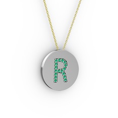 R Baş Harf Kolye - Yeşil kuvars 8 ayar beyaz altın kolye (40 cm altın rolo zincir) #1io11u6