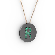 R Baş Harf Kolye - Yeşil kuvars 925 ayar siyah rodyum kaplama gümüş kolye (40 cm rose altın rolo zincir) #1ir255x