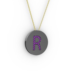 R Baş Harf Kolye - Ametist 925 ayar siyah rodyum kaplama gümüş kolye (40 cm altın rolo zincir) #1kdcpon