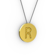 R Baş Harf Kolye - Sitrin 18 ayar altın kolye (40 cm gümüş rolo zincir) #1kog6ok