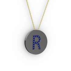 R Baş Harf Kolye - Lab safir 925 ayar siyah rodyum kaplama gümüş kolye (40 cm gümüş rolo zincir) #1poej4y
