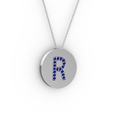R Baş Harf Kolye - Lab safir 925 ayar gümüş kolye (40 cm beyaz altın rolo zincir) #1pqlqk1
