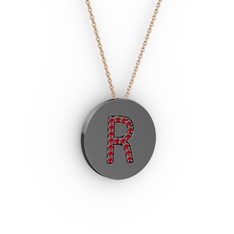R Baş Harf Kolye - Garnet 925 ayar siyah rodyum kaplama gümüş kolye (40 cm rose altın rolo zincir) #1qau76e