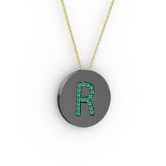 R Baş Harf Kolye - Yeşil kuvars 925 ayar siyah rodyum kaplama gümüş kolye (40 cm altın rolo zincir) #1r159ht