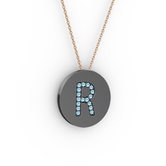R Baş Harf Kolye - Akuamarin 925 ayar siyah rodyum kaplama gümüş kolye (40 cm gümüş rolo zincir) #1rtjfzg
