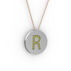 R Baş Harf Kolye - Peridot 18 ayar beyaz altın kolye (40 cm rose altın rolo zincir) #1rxgpiz