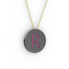 R Baş Harf Kolye - Rodolit garnet 925 ayar siyah rodyum kaplama gümüş kolye (40 cm gümüş rolo zincir) #1vxwv5o