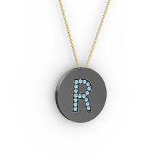 R Baş Harf Kolye - Akuamarin 925 ayar siyah rodyum kaplama gümüş kolye (40 cm altın rolo zincir) #2z3o8