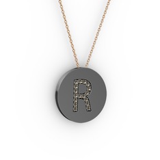 R Baş Harf Kolye - Dumanlı kuvars 925 ayar siyah rodyum kaplama gümüş kolye (40 cm rose altın rolo zincir) #3a5os5