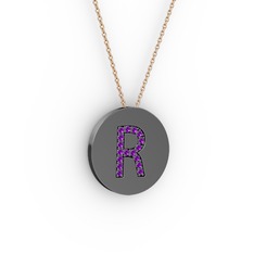 R Baş Harf Kolye - Ametist 925 ayar siyah rodyum kaplama gümüş kolye (40 cm rose altın rolo zincir) #3bs60p