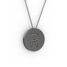 R Baş Harf Kolye - Dumanlı kuvars 925 ayar siyah rodyum kaplama gümüş kolye (40 cm gümüş rolo zincir) #3j3q98