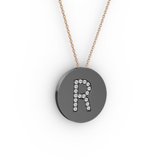 R Baş Harf Kolye - Beyaz zirkon 925 ayar siyah rodyum kaplama gümüş kolye (40 cm rose altın rolo zincir) #5u99x