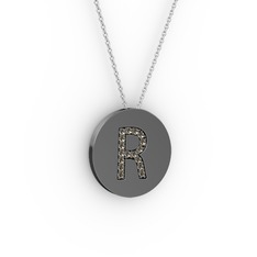 R Baş Harf Kolye - Dumanlı kuvars 925 ayar siyah rodyum kaplama gümüş kolye (40 cm gümüş rolo zincir) #7mfcnz