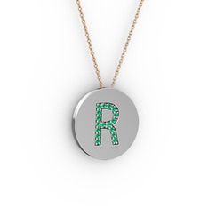 R Baş Harf Kolye - Yeşil kuvars 14 ayar beyaz altın kolye (40 cm rose altın rolo zincir) #fa13a9