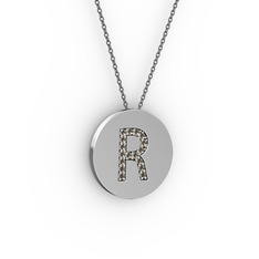 R Baş Harf Kolye - Dumanlı kuvars 18 ayar beyaz altın kolye (40 cm gümüş rolo zincir) #gy4dyu
