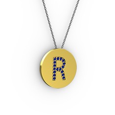 R Baş Harf Kolye - Lab safir 925 ayar altın kaplama gümüş kolye (40 cm gümüş rolo zincir) #my75so