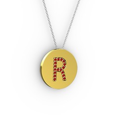 R Baş Harf Kolye - Garnet 18 ayar altın kolye (40 cm beyaz altın rolo zincir) #pfamhk