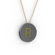 R Baş Harf Kolye - Peridot 925 ayar siyah rodyum kaplama gümüş kolye (40 cm rose altın rolo zincir) #watrdj