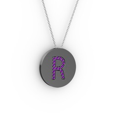 R Baş Harf Kolye - Ametist 925 ayar siyah rodyum kaplama gümüş kolye (40 cm beyaz altın rolo zincir) #wjo344