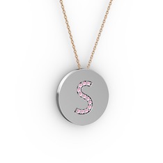 S Baş Harf Kolye - Pembe kuvars 18 ayar beyaz altın kolye (40 cm rose altın rolo zincir) #13qhsh0