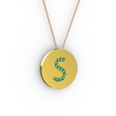 S Baş Harf Kolye - Yeşil kuvars 14 ayar altın kolye (40 cm rose altın rolo zincir) #1530d33
