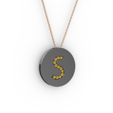 S Baş Harf Kolye - Sitrin 925 ayar siyah rodyum kaplama gümüş kolye (40 cm rose altın rolo zincir) #1fwegjf