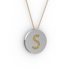 S Baş Harf Kolye - Sitrin 8 ayar beyaz altın kolye (40 cm rose altın rolo zincir) #1k7nc9k