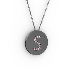 S Baş Harf Kolye - Pembe kuvars 925 ayar siyah rodyum kaplama gümüş kolye (40 cm gümüş rolo zincir) #1tk639z