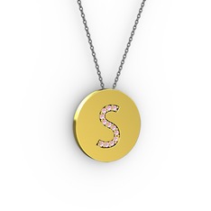 S Baş Harf Kolye - Pembe kuvars 14 ayar altın kolye (40 cm gümüş rolo zincir) #1uedilk