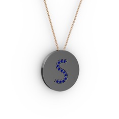 S Baş Harf Kolye - Lab safir 925 ayar siyah rodyum kaplama gümüş kolye (40 cm rose altın rolo zincir) #1ylgsip