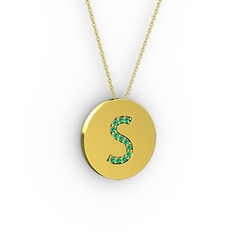 S Baş Harf Kolye - Yeşil kuvars 8 ayar altın kolye (40 cm altın rolo zincir) #1yohi7y