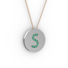 S Baş Harf Kolye - Yeşil kuvars 14 ayar beyaz altın kolye (40 cm rose altın rolo zincir) #2j38eh