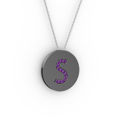 S Baş Harf Kolye - Ametist 925 ayar siyah rodyum kaplama gümüş kolye (40 cm gümüş rolo zincir) #3hg7ya
