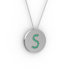 S Baş Harf Kolye - Yeşil kuvars 925 ayar gümüş kolye (40 cm beyaz altın rolo zincir) #3tcrib
