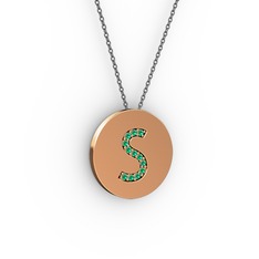 S Baş Harf Kolye - Yeşil kuvars 14 ayar rose altın kolye (40 cm gümüş rolo zincir) #5e50ee