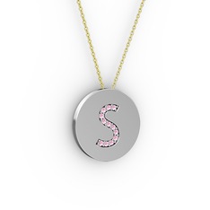 S Baş Harf Kolye - Pembe kuvars 14 ayar beyaz altın kolye (40 cm gümüş rolo zincir) #5liaxu