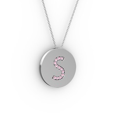 S Baş Harf Kolye - Pembe kuvars 8 ayar beyaz altın kolye (40 cm gümüş rolo zincir) #6kr117