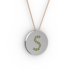 S Baş Harf Kolye - Peridot 14 ayar beyaz altın kolye (40 cm rose altın rolo zincir) #gv12ss