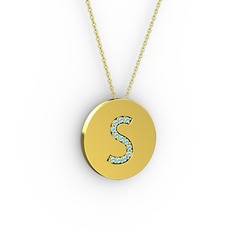 S Baş Harf Kolye - Akuamarin 925 ayar altın kaplama gümüş kolye (40 cm altın rolo zincir) #iv0swf