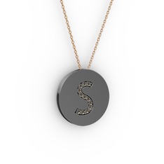 S Baş Harf Kolye - Dumanlı kuvars 925 ayar siyah rodyum kaplama gümüş kolye (40 cm rose altın rolo zincir) #l6pq2y