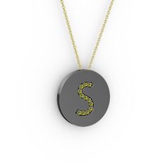 S Baş Harf Kolye - Peridot 925 ayar siyah rodyum kaplama gümüş kolye (40 cm gümüş rolo zincir) #ne1bys