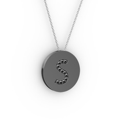 S Baş Harf Kolye - Siyah zirkon 925 ayar siyah rodyum kaplama gümüş kolye (40 cm beyaz altın rolo zincir) #ql90tv