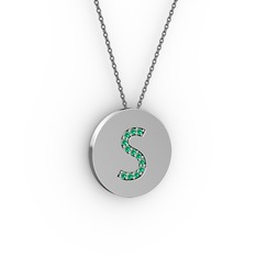 S Baş Harf Kolye - Yeşil kuvars 14 ayar beyaz altın kolye (40 cm gümüş rolo zincir) #s0aa46