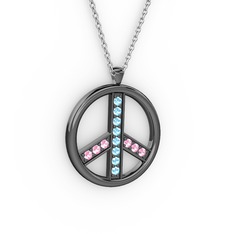 Barış Kolye - Akuamarin ve pembe kuvars 925 ayar siyah rodyum kaplama gümüş kolye (40 cm gümüş rolo zincir) #14j632g