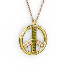 Barış Kolye - Peridot ve pembe kuvars 18 ayar altın kolye (40 cm rose altın rolo zincir) #16a0afy