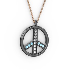 Barış Kolye - Pırlanta ve akuamarin 925 ayar siyah rodyum kaplama gümüş kolye (0.12 karat, 40 cm rose altın rolo zincir) #17soyrv