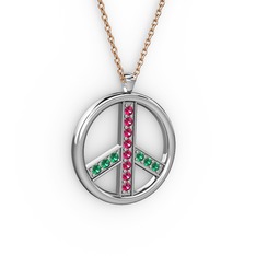 Rodolit garnet ve yeşil kuvars 14 ayar beyaz altın kolye (40 cm rose altın rolo zincir)