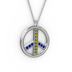 Barış Kolye - Peridot ve lab safir 14 ayar beyaz altın kolye (40 cm gümüş rolo zincir) #1hrix0t