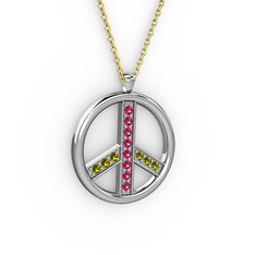 Rodolit garnet ve peridot 14 ayar beyaz altın kolye (40 cm altın rolo zincir)